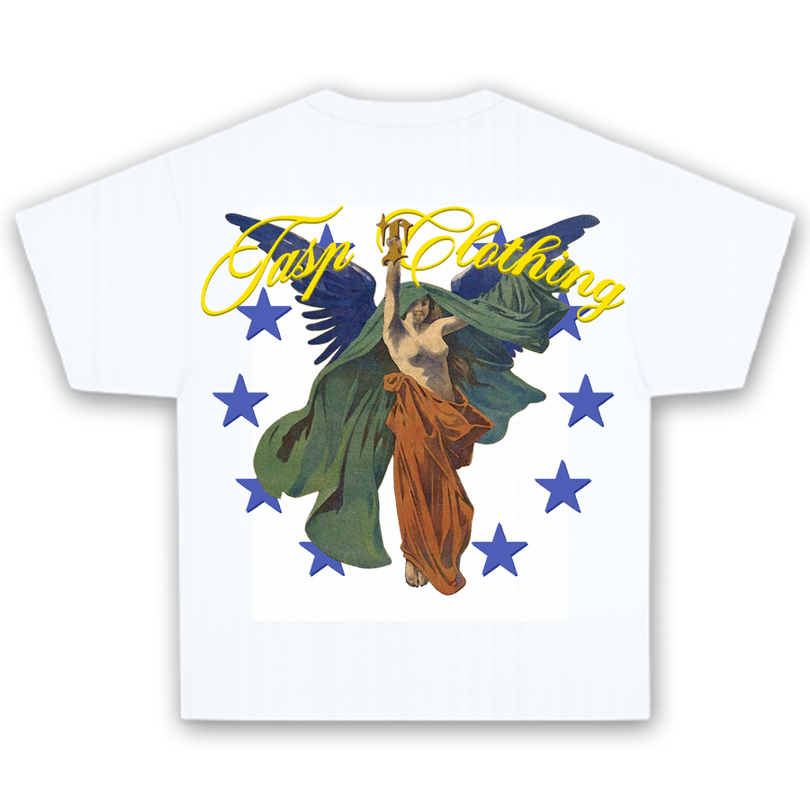 Espalda de la camiseta blanca ANGEL de TASP Clothing con gráfico de ángel y estrellas, camiseta oversize streetwear