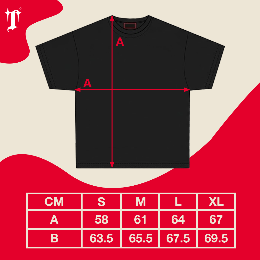 Guía de tallas de la camiseta oversize boxy negra de TASP Clothing: largo y ancho en S, M, L y XL