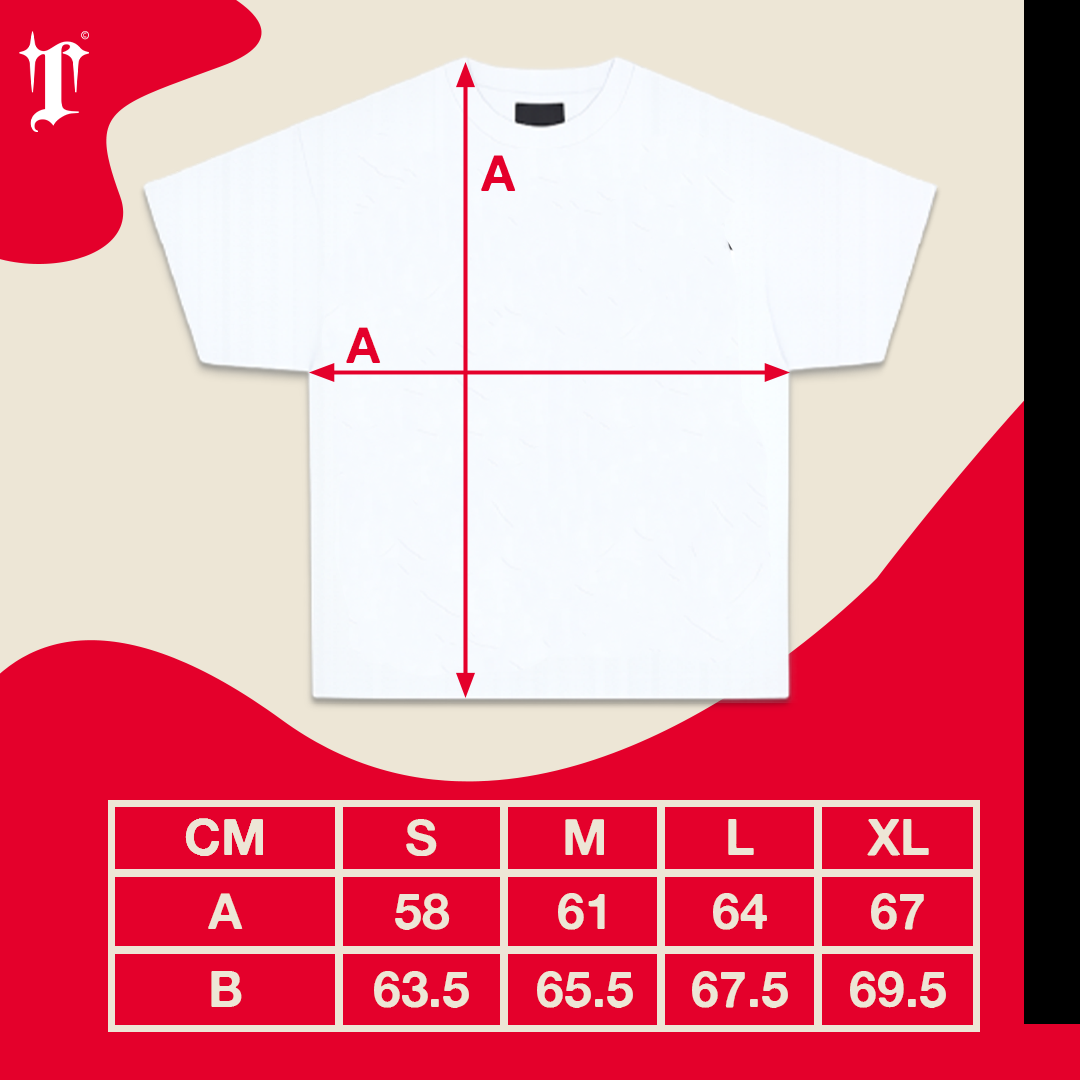 Guía de tallas de la camiseta oversize boxy blanca de TASP Clothing: largo y ancho en S, M, L y XL