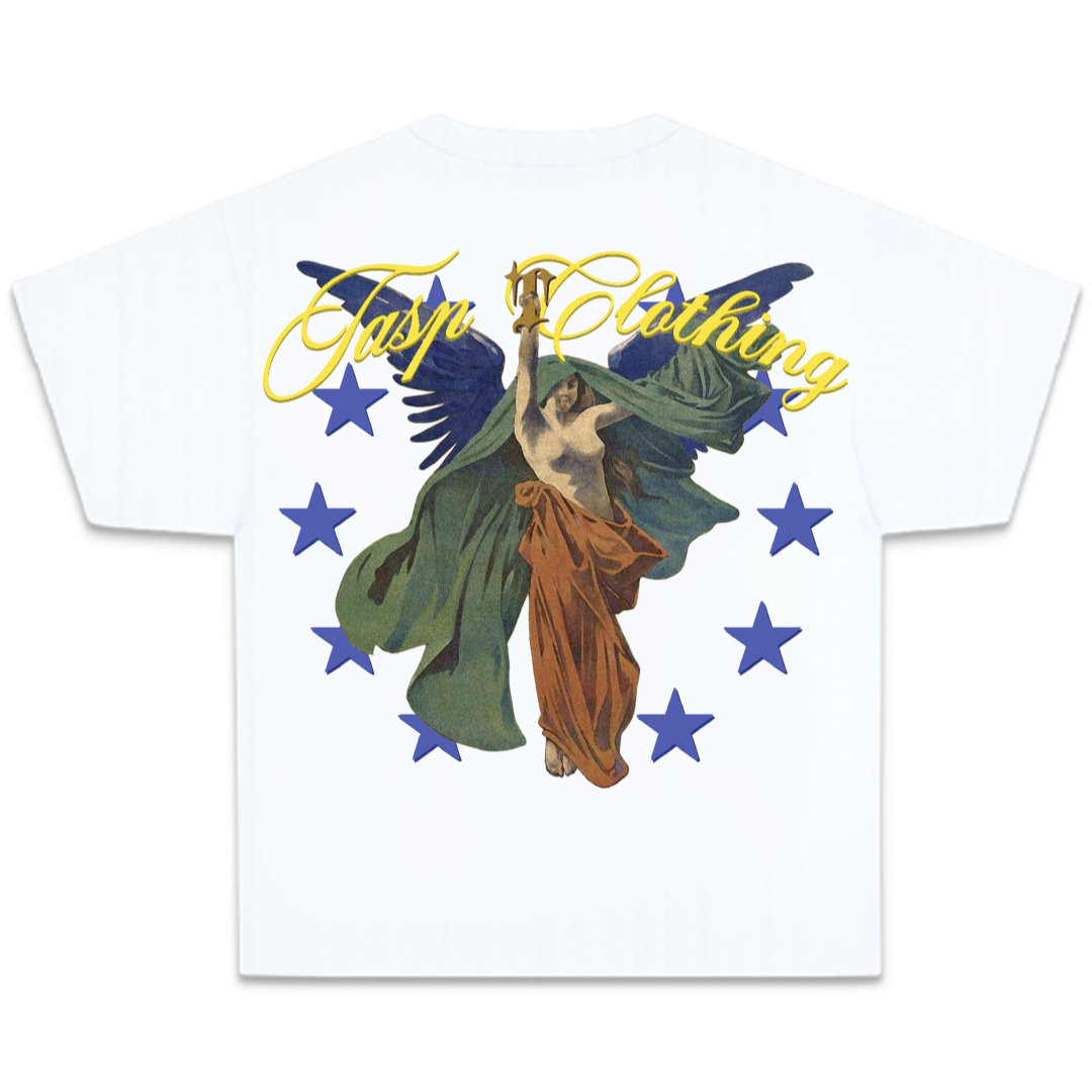 Espalda de la camiseta oversize boxy blanca ANGEL de TASP Clothing con ilustración de ángel y estrellas azules
