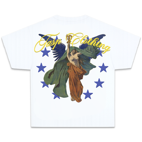 Espalda de la camiseta oversize boxy blanca ANGEL de TASP Clothing con ilustración de ángel y estrellas azules