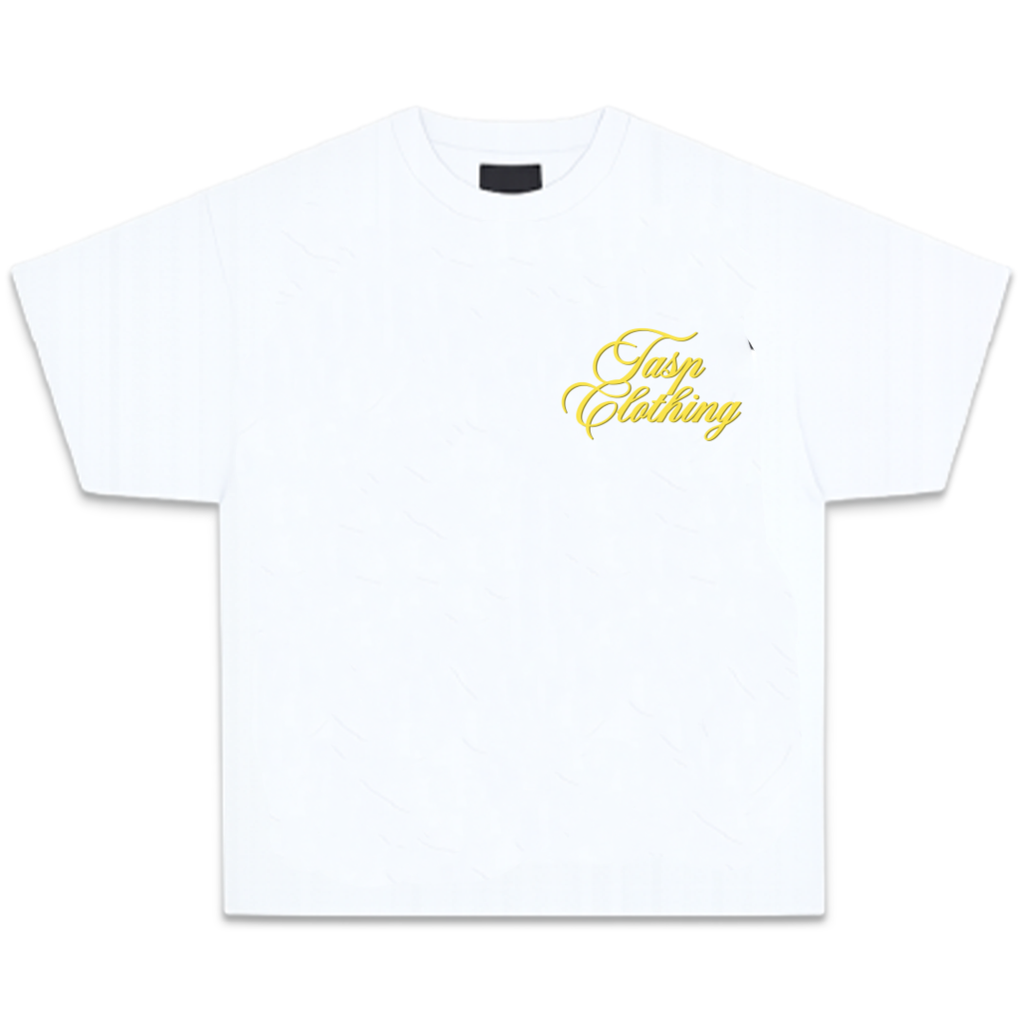 Camiseta oversize boxy blanca ANGEL de TASP Clothing, vista frontal con logo amarillo en el pecho, algodón heavyweight 230 g