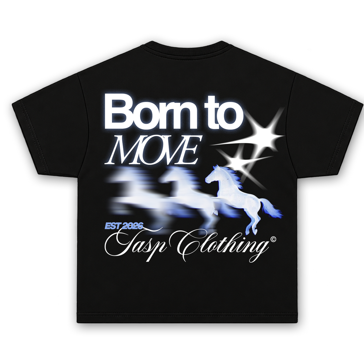 Espalda de la camiseta oversize boxy negra LIMITLESS de TASP Clothing con gráfico Born to Move y caballos alados