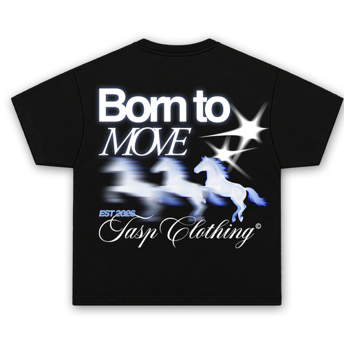 Espalda de la camiseta oversize boxy negra LIMITLESS de TASP Clothing con gráfico Born to Move y caballos alados
