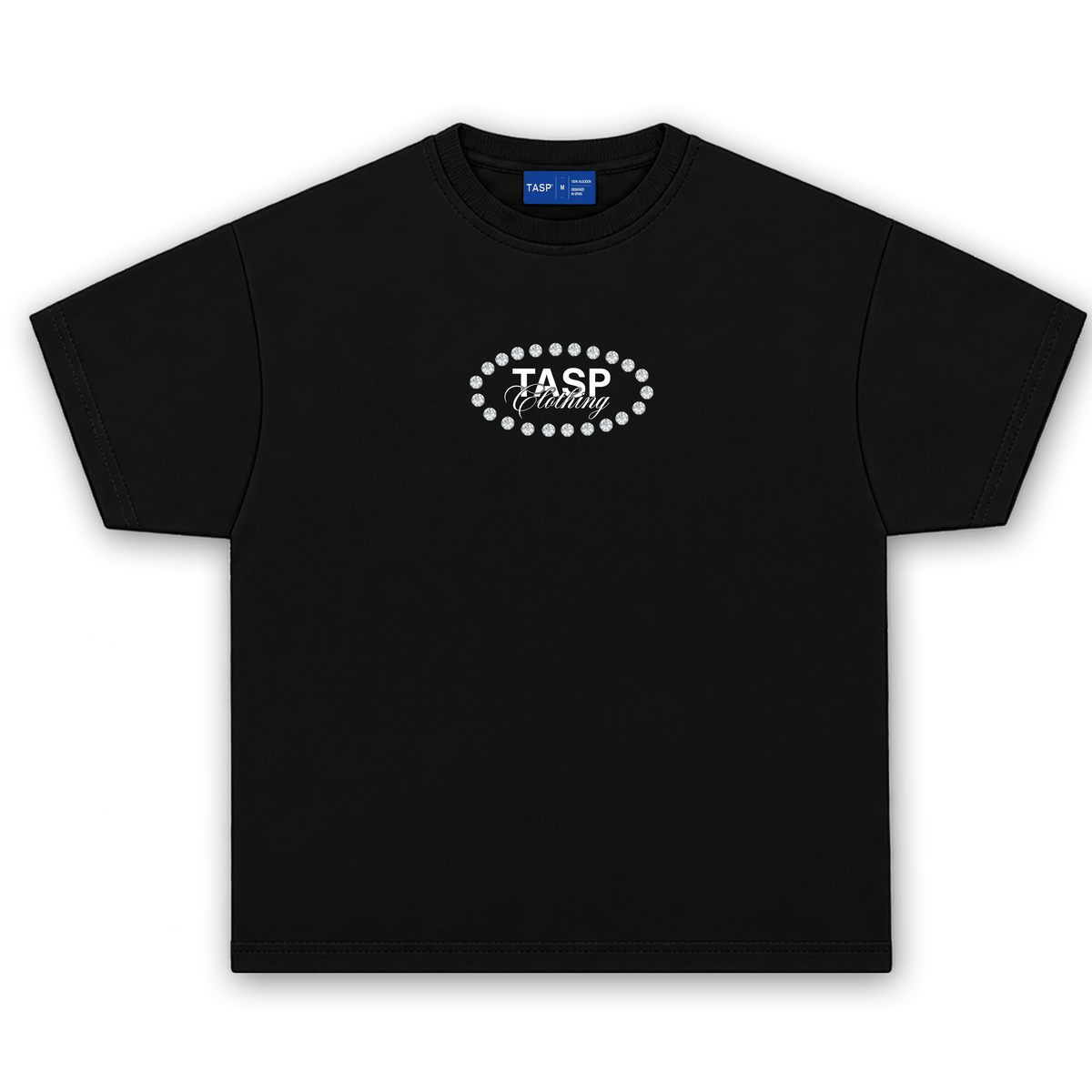 Camiseta oversize boxy negra LIMITLESS de TASP Clothing, vista frontal con logo TASP en el pecho, algodón heavyweight 230 g